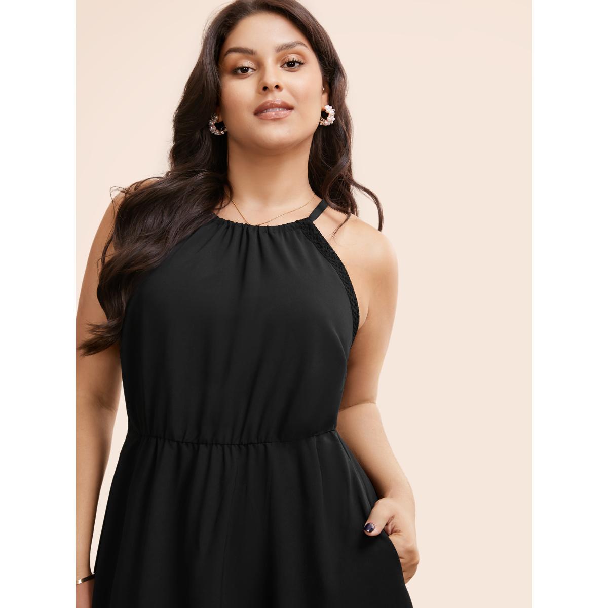 Plus Size Halter Contrast Webbing Elastic Waist Dress Black Women Elegant Gathered Halter neck Sleeveless Curvy BloomChic 30/6X Product Image