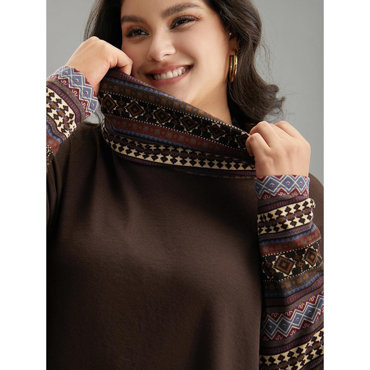 Plus Size Bandana Print Patchwork Turtle Neck T-shirt DarkBrown Women Casual Printed Bohemian Print Turtleneck Dailywear T-shirts BloomChic 26/4X Product Image