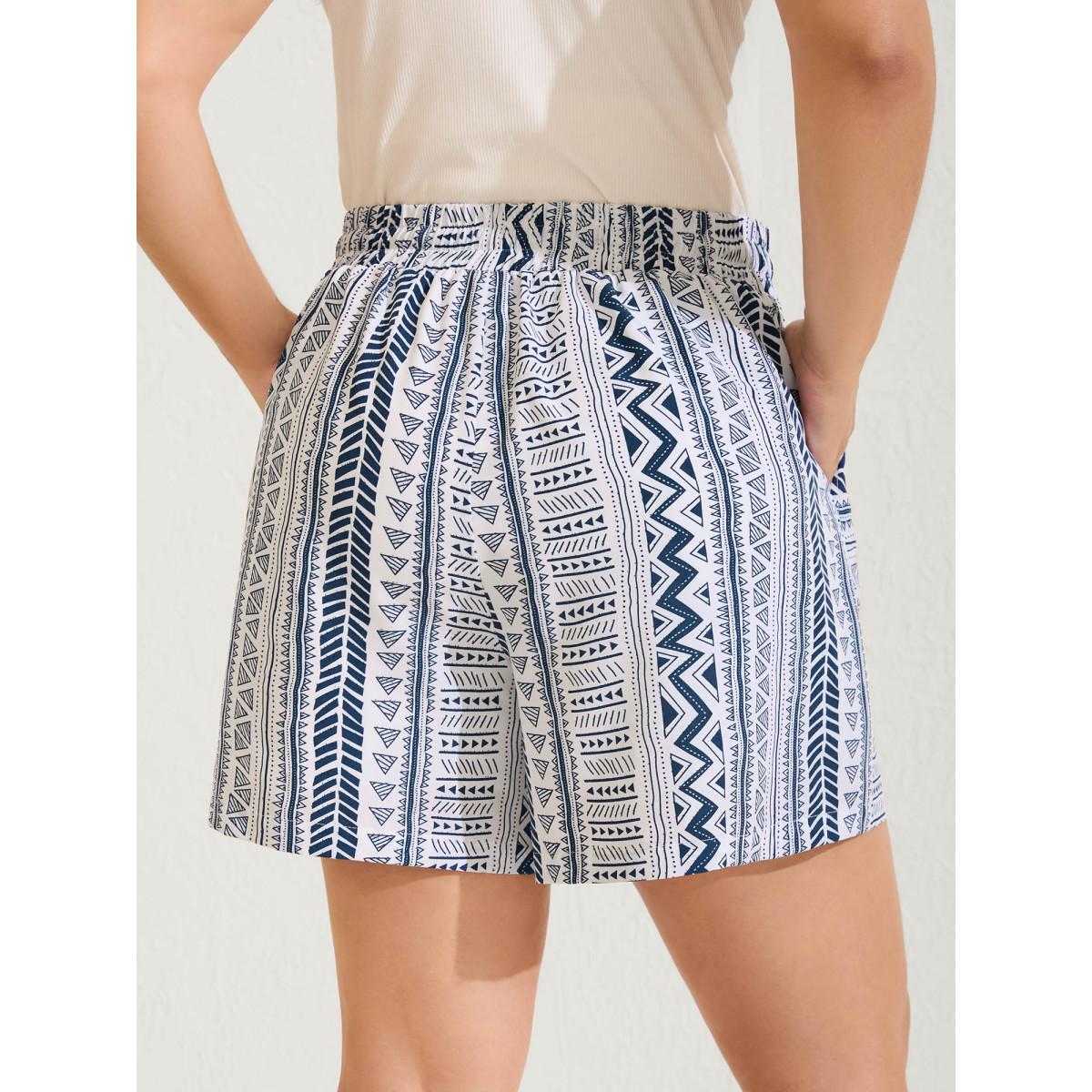 Plus Size Boho Stripe Drawstring Straight-Leg Shorts Women LightBlue Resort Drawstring Straight Leg Vacation Shorts BloomChic 18-20/2X Product Image
