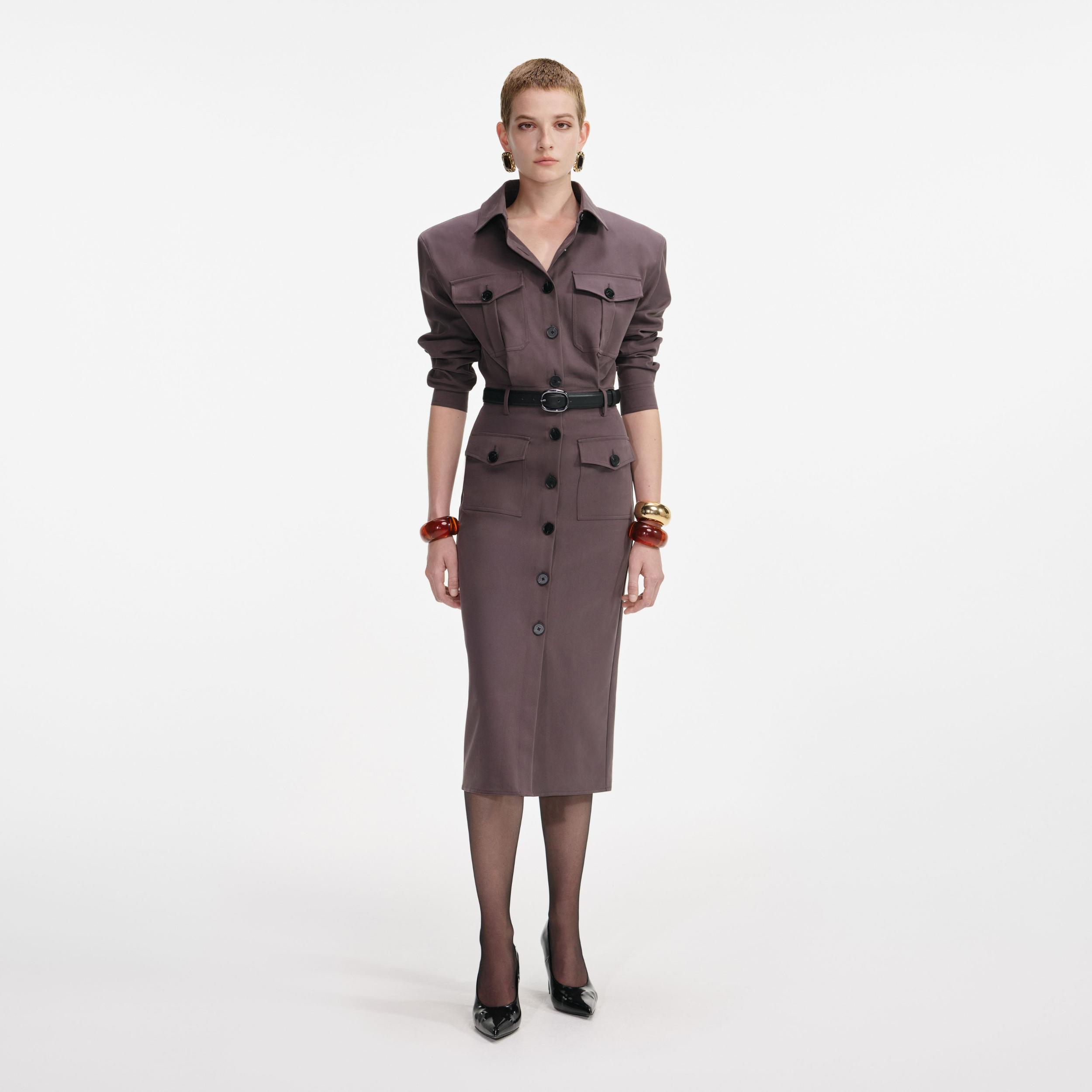 Brown Cotton Belted Midi Dress Product Image