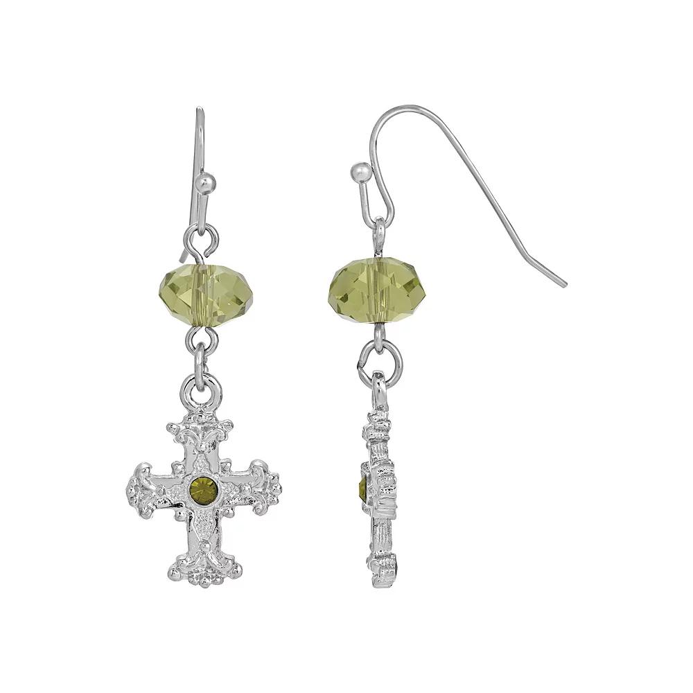 Symbols of Faith Silver-Tone Black Crystal Cross Drop Earrings, Women's, Green Product Image