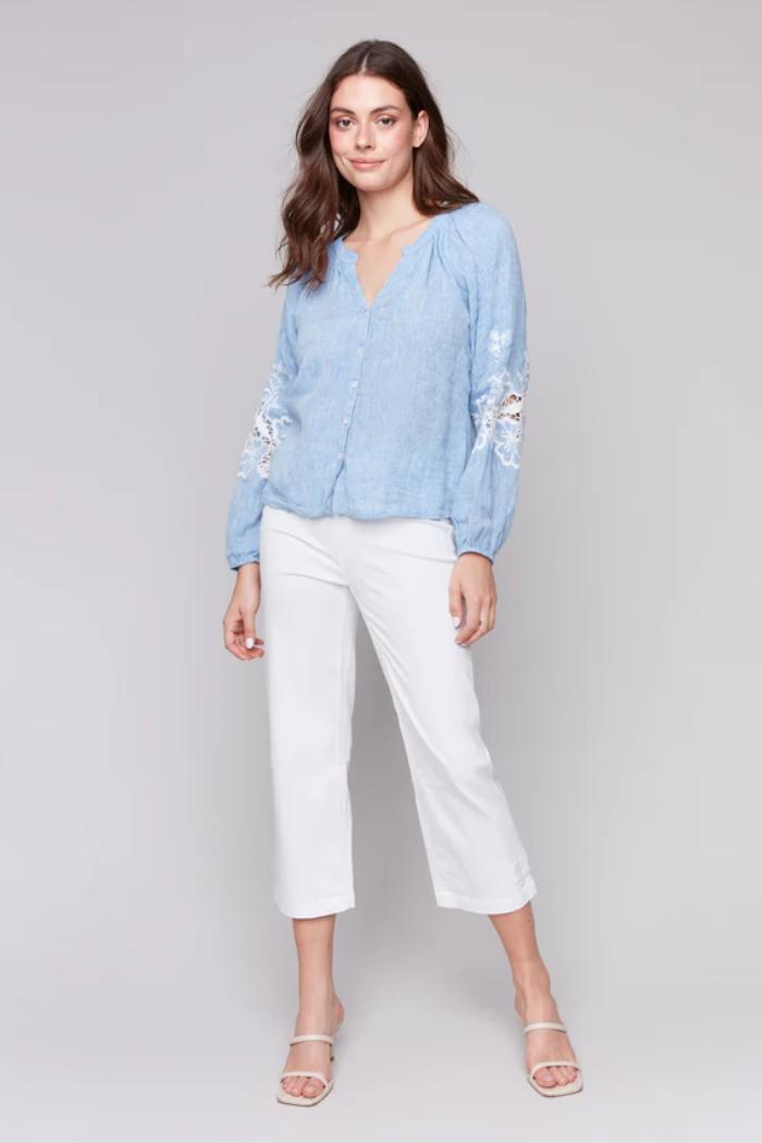 Cotton-Linen Button-Front Blouse with Embroidery Product Image