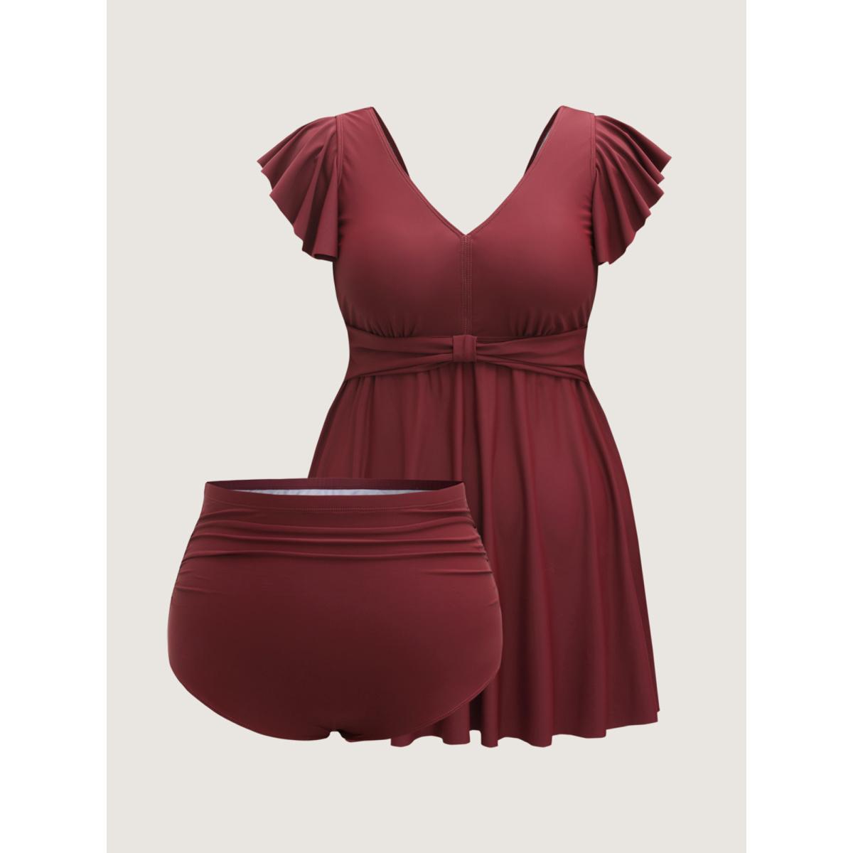 Plus Size Pleated Waist Flutter Sleeve Swim Dress Women's Swimwear Deepred Resort Bodycon V-neck High stretch Curve Swim Dresses BloomChic 14-16/1X Product Image