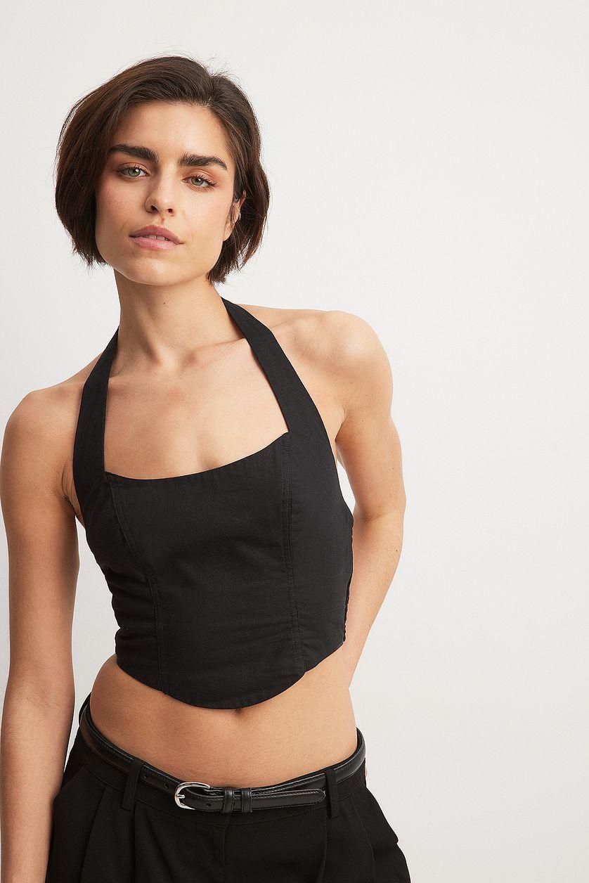 Halterneck Linen Top Black Product Image