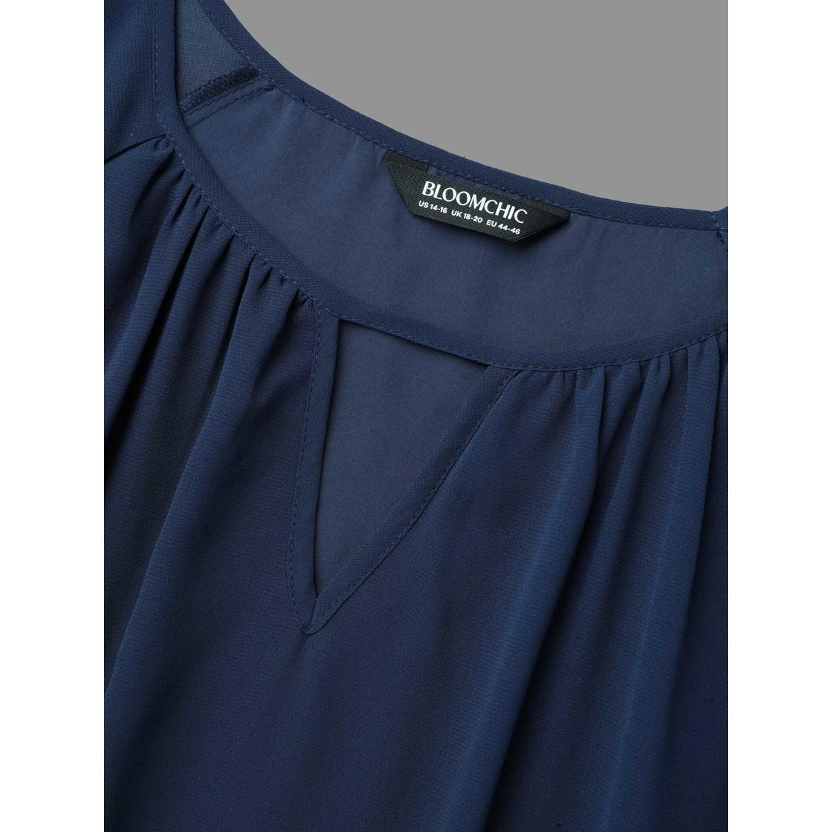 Plus Size Indigo Ruched Neckline Lotus Leaf Sleeve Blouse Women Elegant Elbow-length sleeve Round Neck Everyday Blouses BloomChic 12/L Product Image