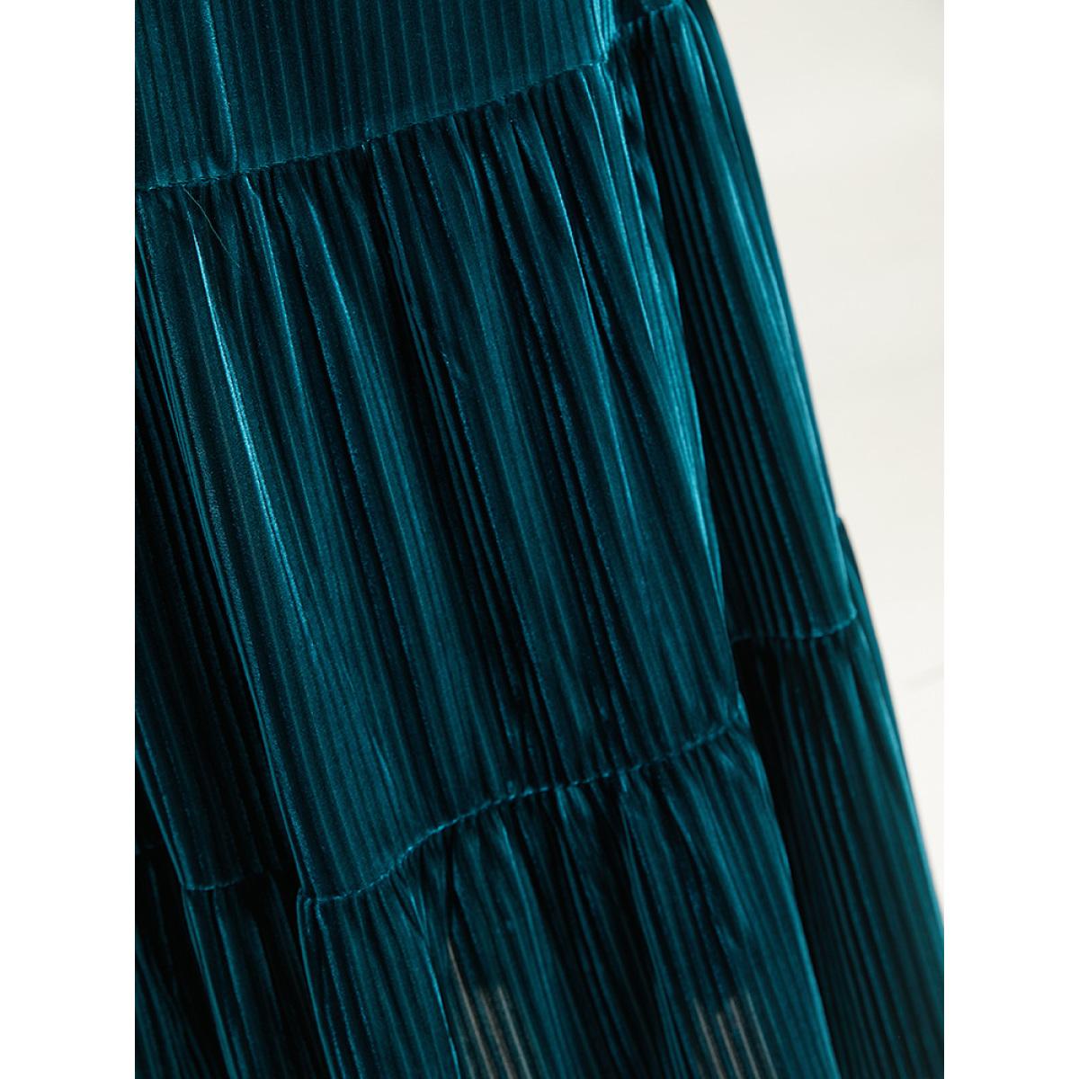 Plus Size Velvet Shirred Pocket Notched Dress Black Women Elegant Elastic cuffs Notched collar Elbow-length sleeve Curvy Midi Dress BloomChic 10/M Product Image