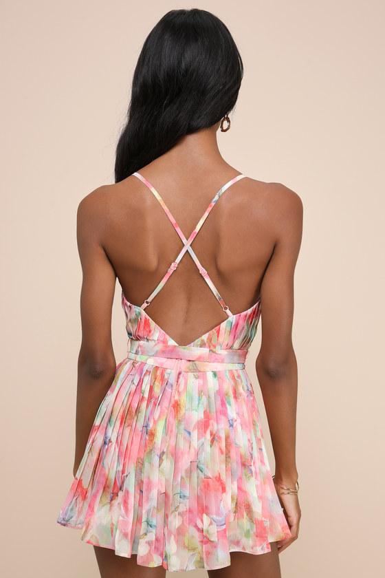 Enticingly Lovely Pink Multi Floral Pleated Backless Romper Product Image