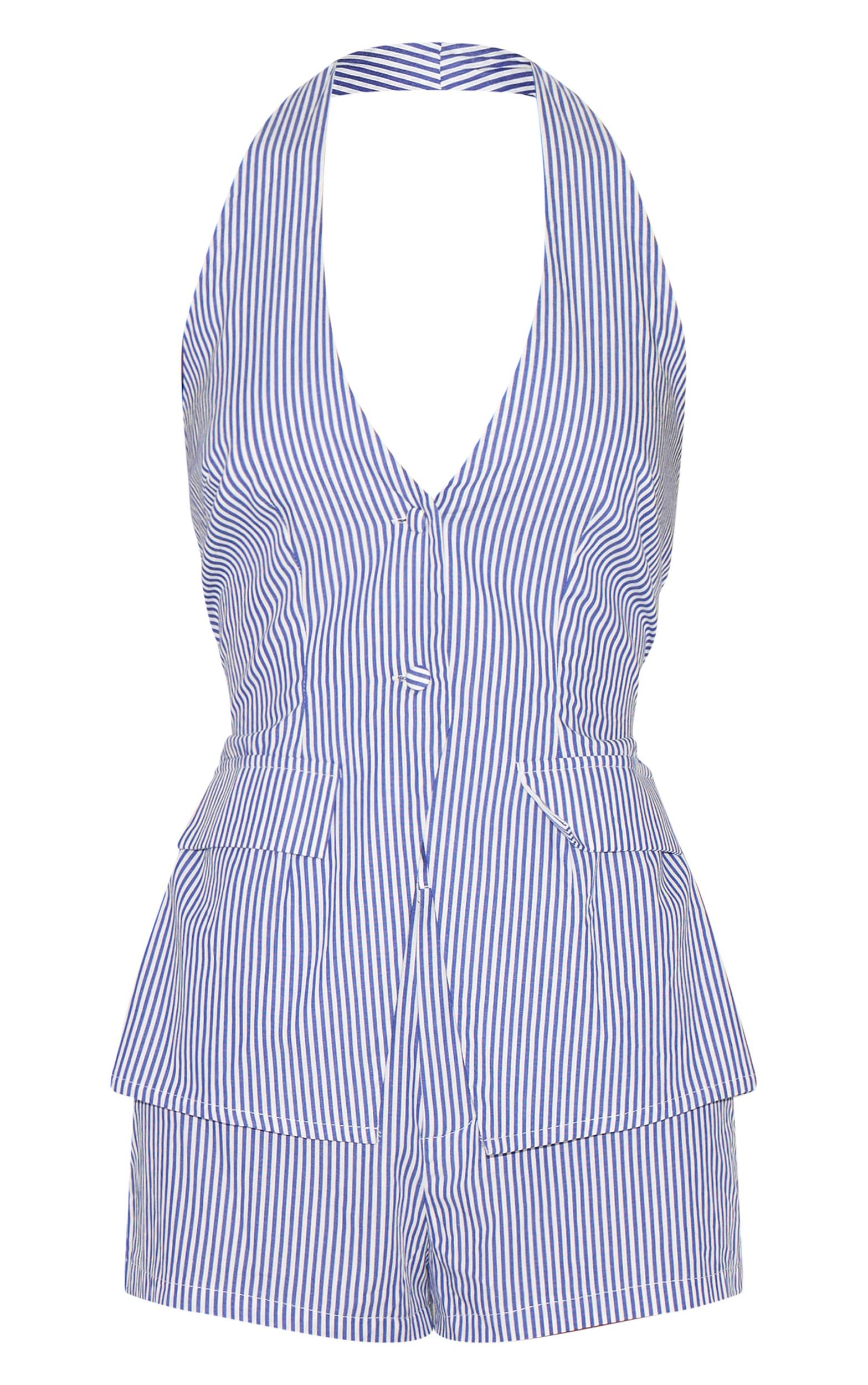 Blue Pinstripe Halter Vest Tailored Romper Product Image