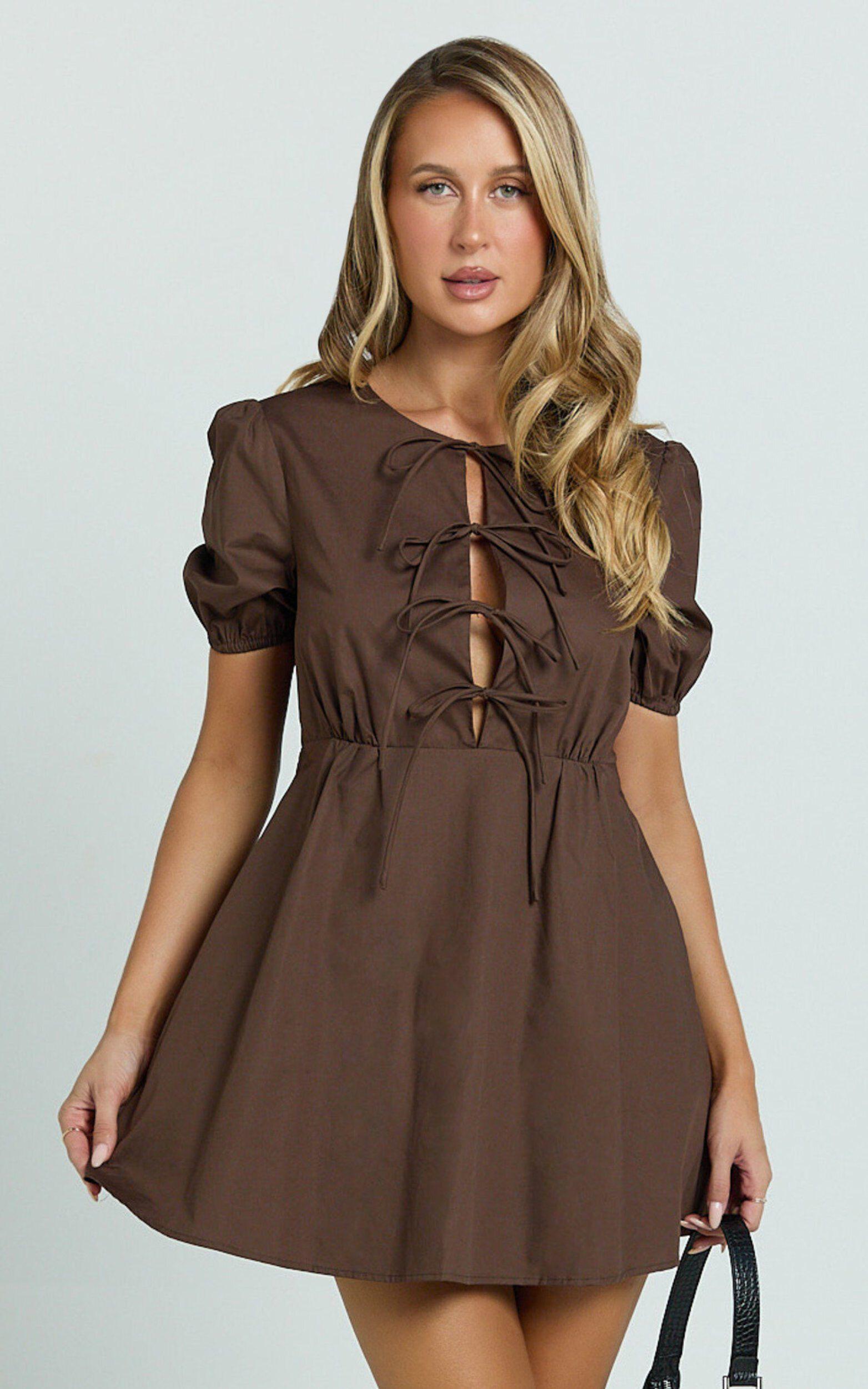 Hattie Mini Dress - Tie Front Puff Sleeve Dress in Chocolate Product Image