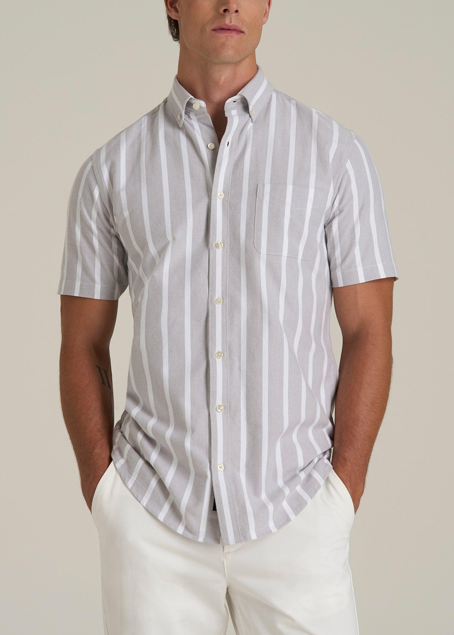 Short Sleeve Oxford Button Shirt For Tall Men in Bold Grey Stripe Male Product Image