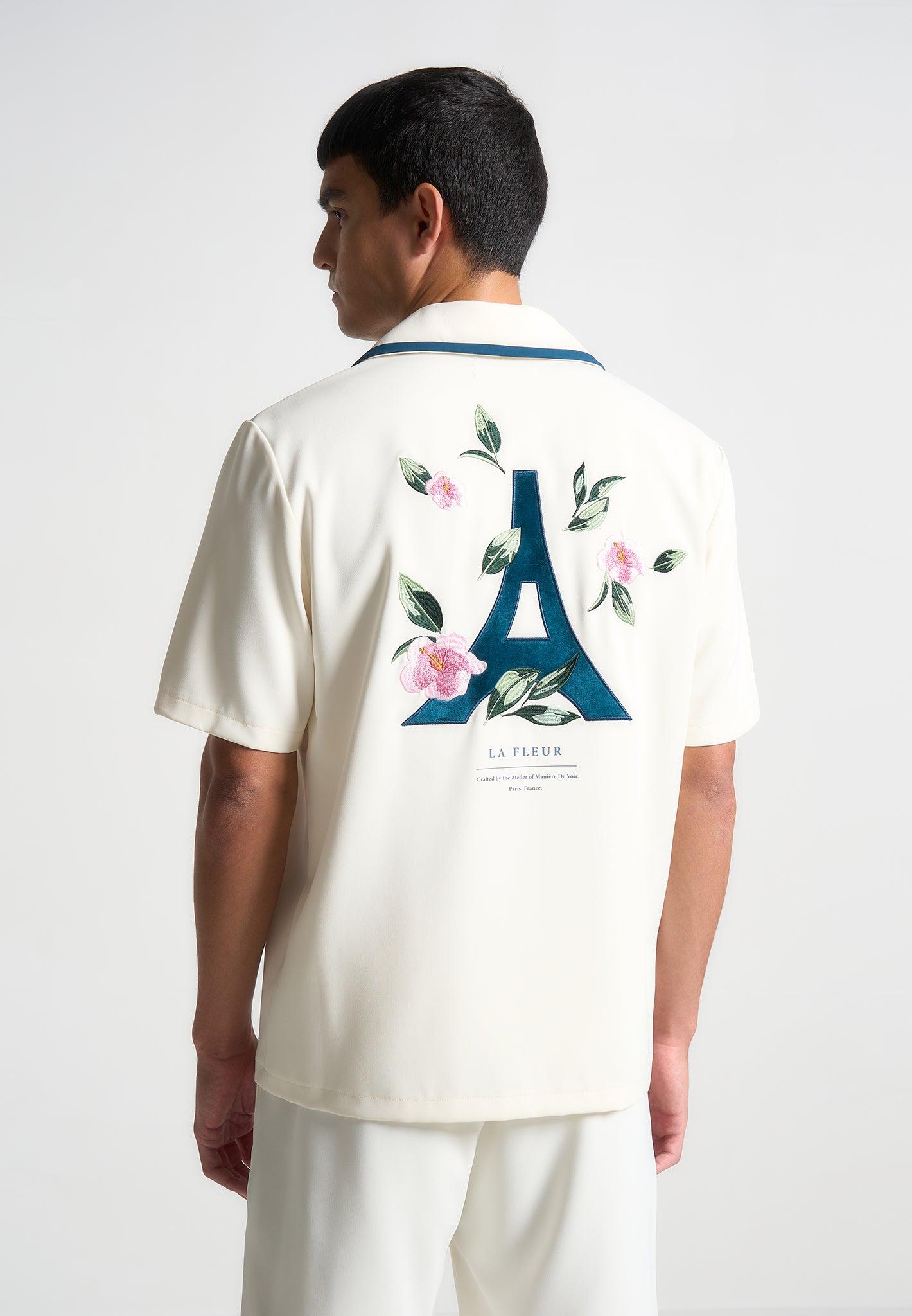 Owen - Velvet Eiffel Bowling Shirt - Cream/Blue Male Product Image