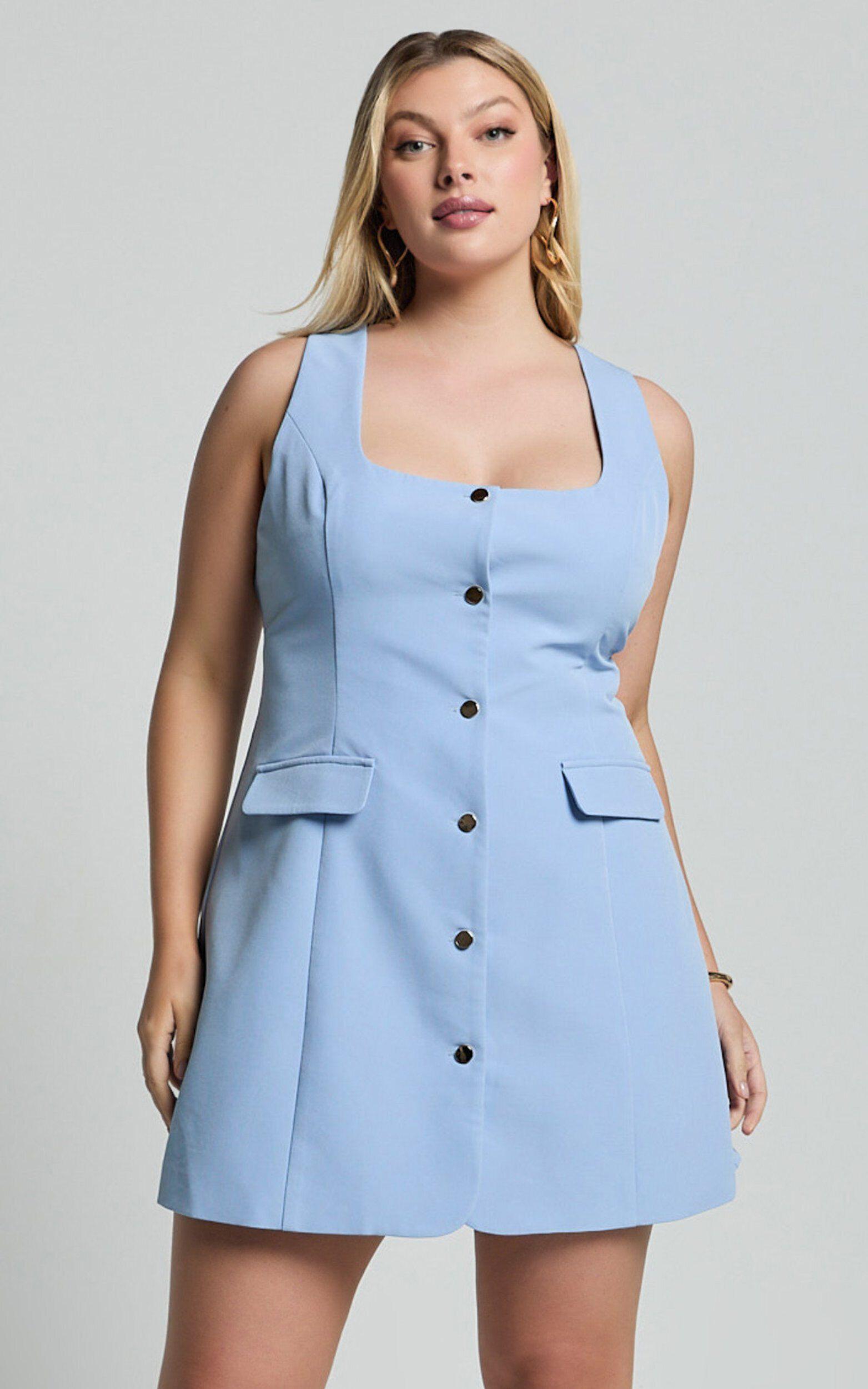 Kenna Mini Dress - Square Neck Button Down Mini Dress in Powder Blue Product Image