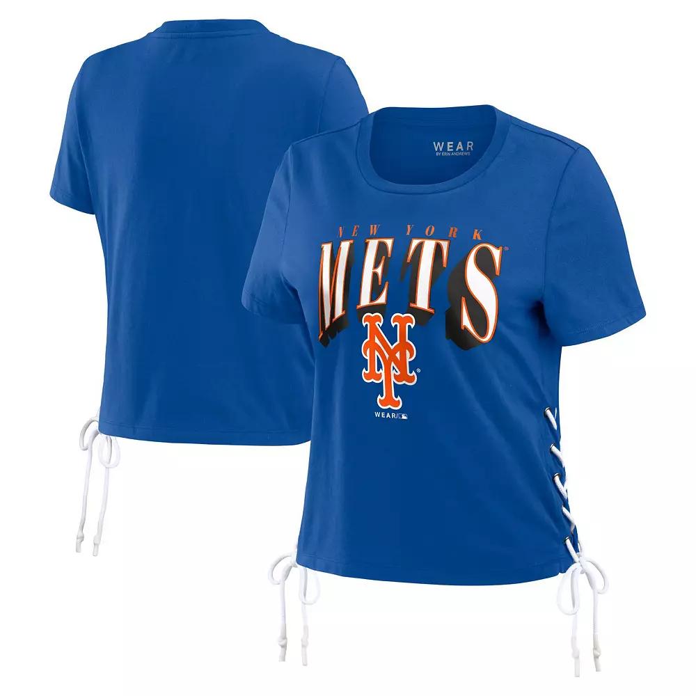 Women's WEAR by Erin Andrews Royal New York Mets Side Lace-Up Cropped T-Shirt, Size: XL, Blue Product Image