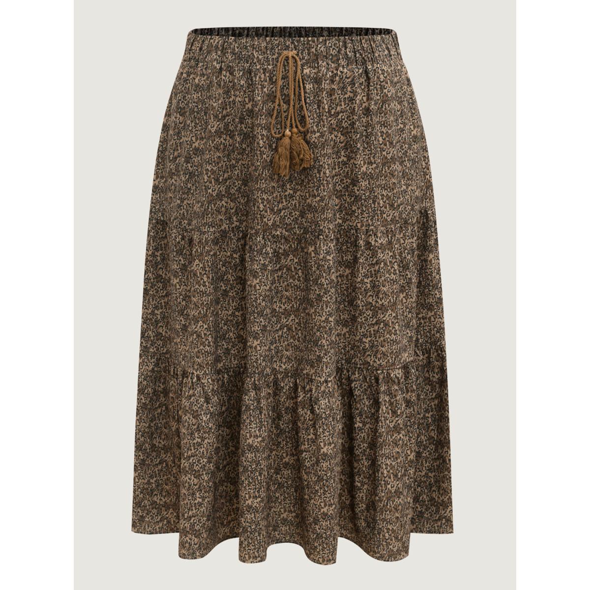 Plus Size Leopard Print Tiered Midi Skirt Women DarkBrown Bodycon High stretch Side seam pocket Casual Skirts BloomChic 12/L Product Image