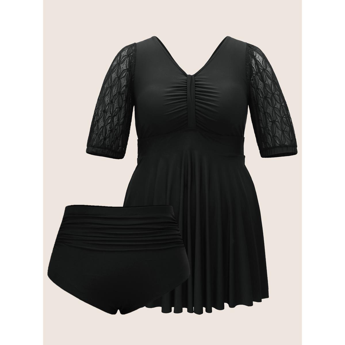 Plus Size Crochet Lace Mesh Texture Ruched Swim Dress Women's Swimwear Black Beach Bodycon Heart neckline High stretch Curve Swim Dresses BloomChic 10/M Product Image