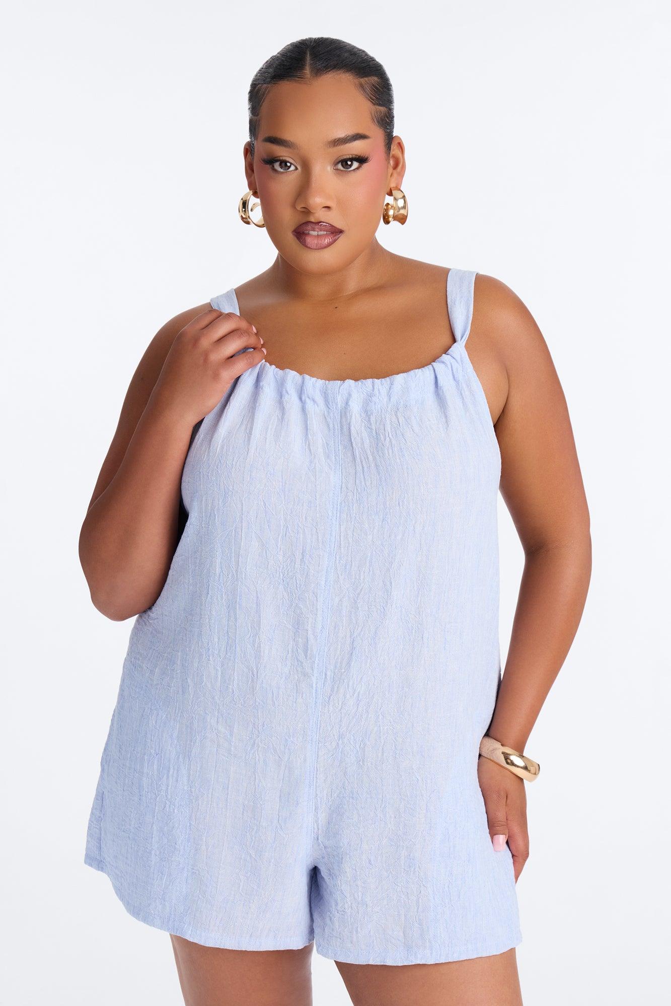 Jeanie Flowy Linen Romper - Blue Female Product Image