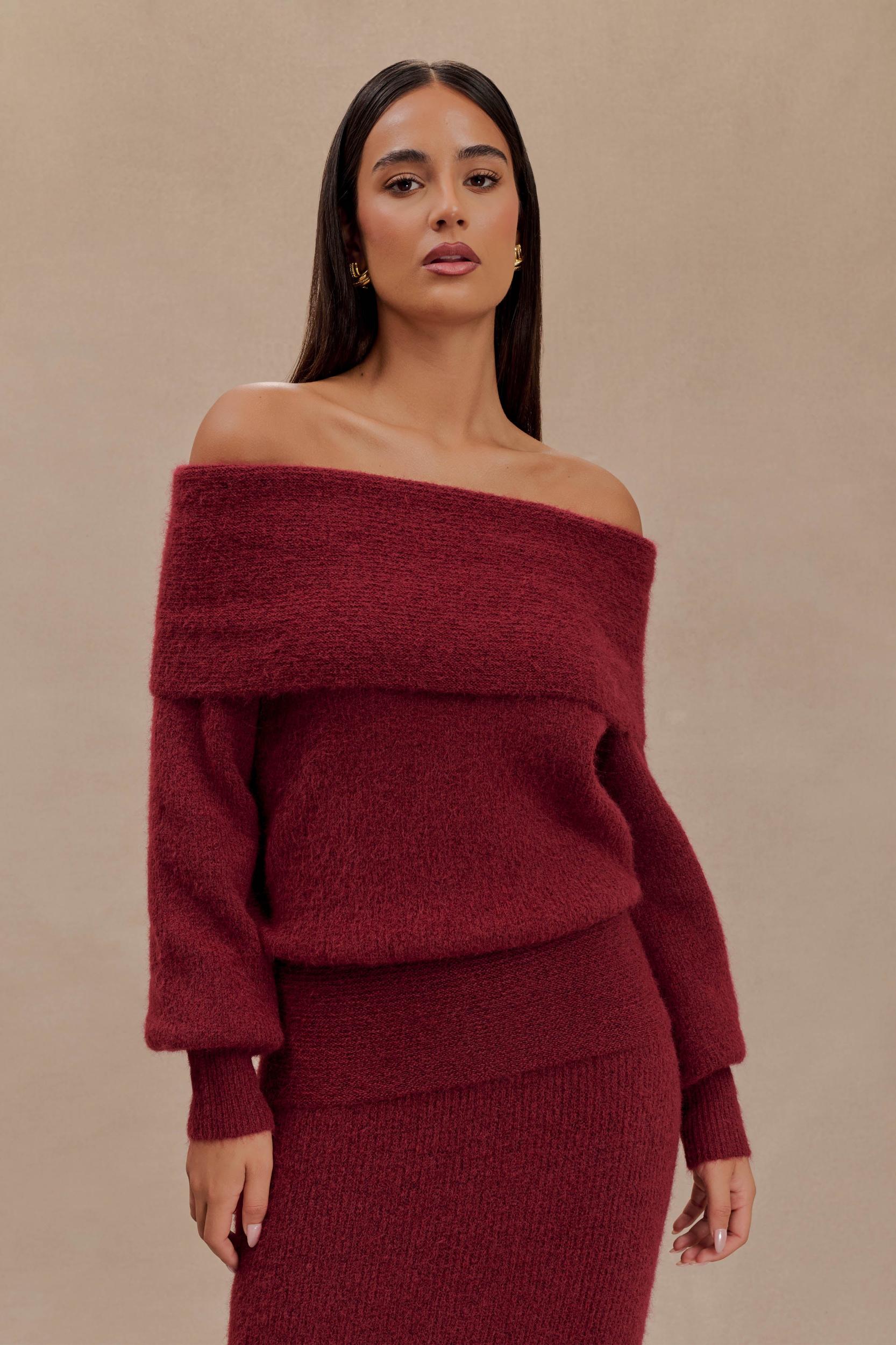 Charlotte Off Shoulder Knit Long Sleeve Top - Merlot Product Image