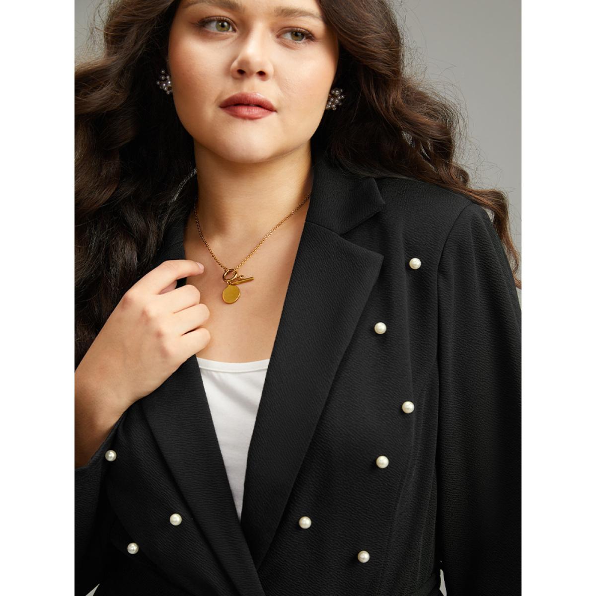 Plus Size Pearl Beaded Belted Blazer Black Women Dailywear Plain Beaded Sleeve Long Sleeve Suit Collar 22-24/3X Belt Elegant Blazers BloomChic Product Image