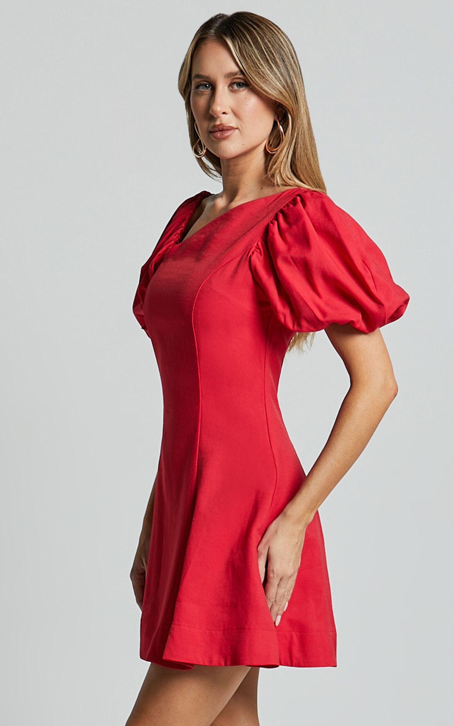 Harlow Mini Dress - Asymmetric Puff Sleeve Flare Dress in Red Product Image