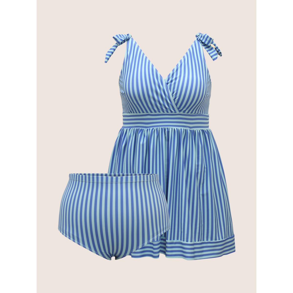 Plus Size V Neck Striped Tie Knot Gathered Swim Dress Women's Swimwear Skyblue Beach Bodycon V-neck High stretch Curve Swim Dresses BloomChic 26/4X Product Image