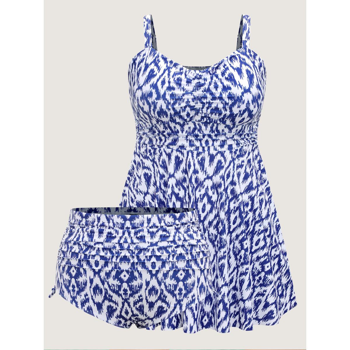 Plus Size Color Fusion Ruched Abstract Swim Dress Women's Swimwear Indigo Beach Bodycon Heart neckline High stretch Curve Swim Dresses BloomChic 30/6X Product Image