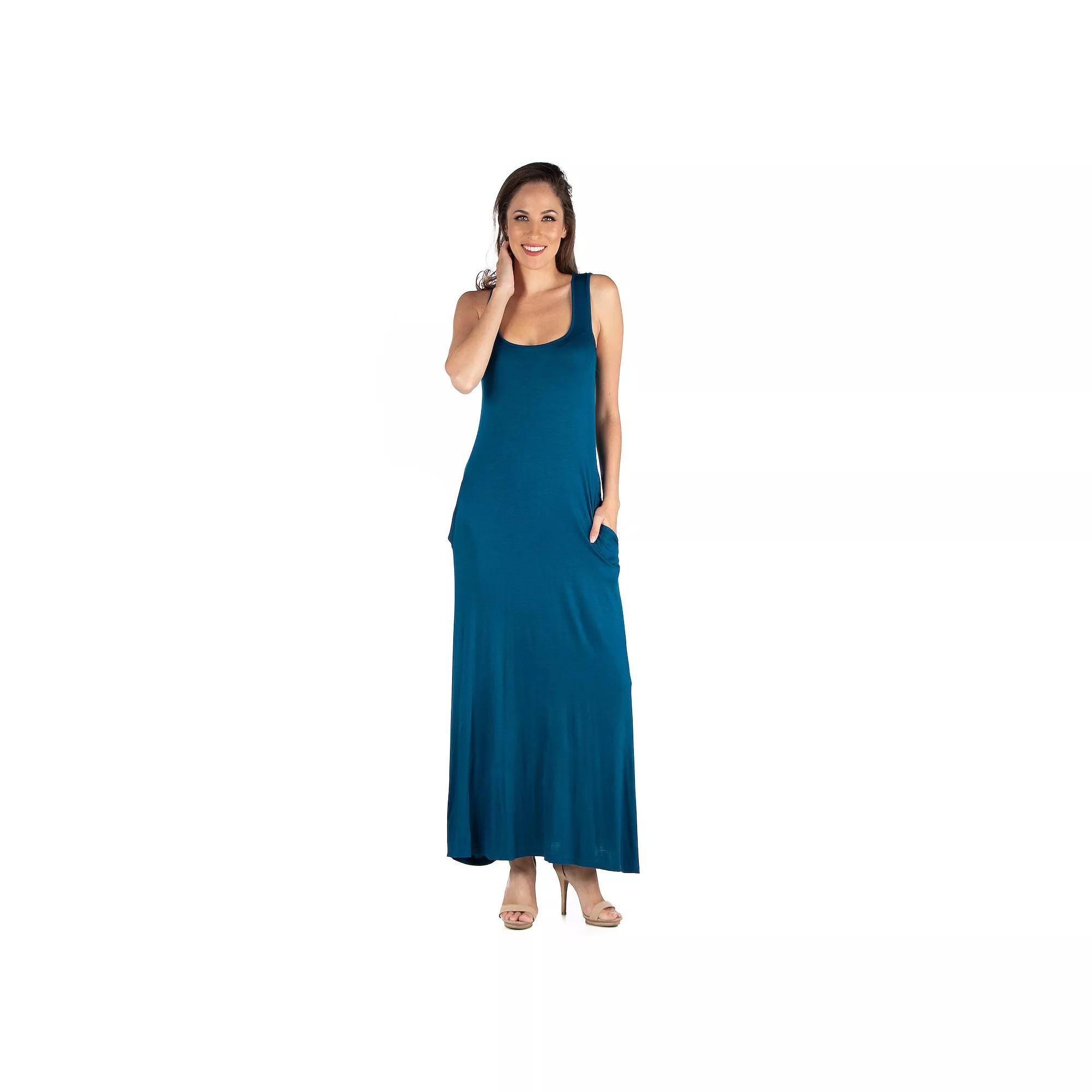 Women's 24seven Comfort Apparel Scoopneck Sleeveless Tank Top Maxi Dress with Pockets,  Product Image