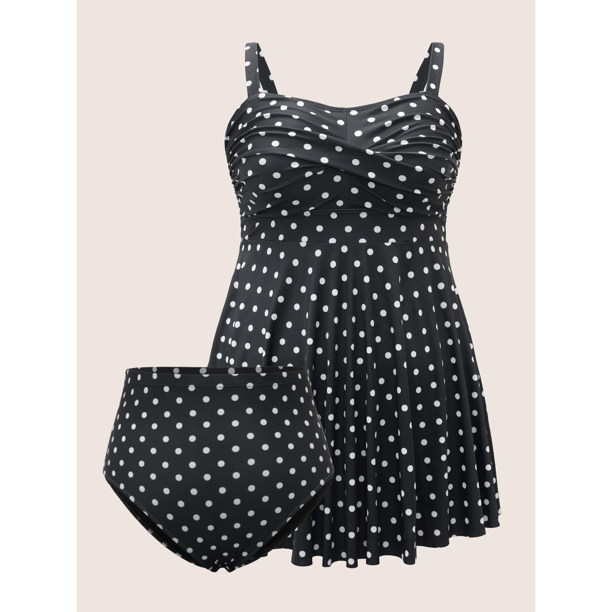 Plus Size Polka Dot Ruched Fit Flare Swim Dress Women's Swimwear Black Beach Bodycon Strapless High stretch Curve Swim Dresses BloomChic 28/5X Product Image