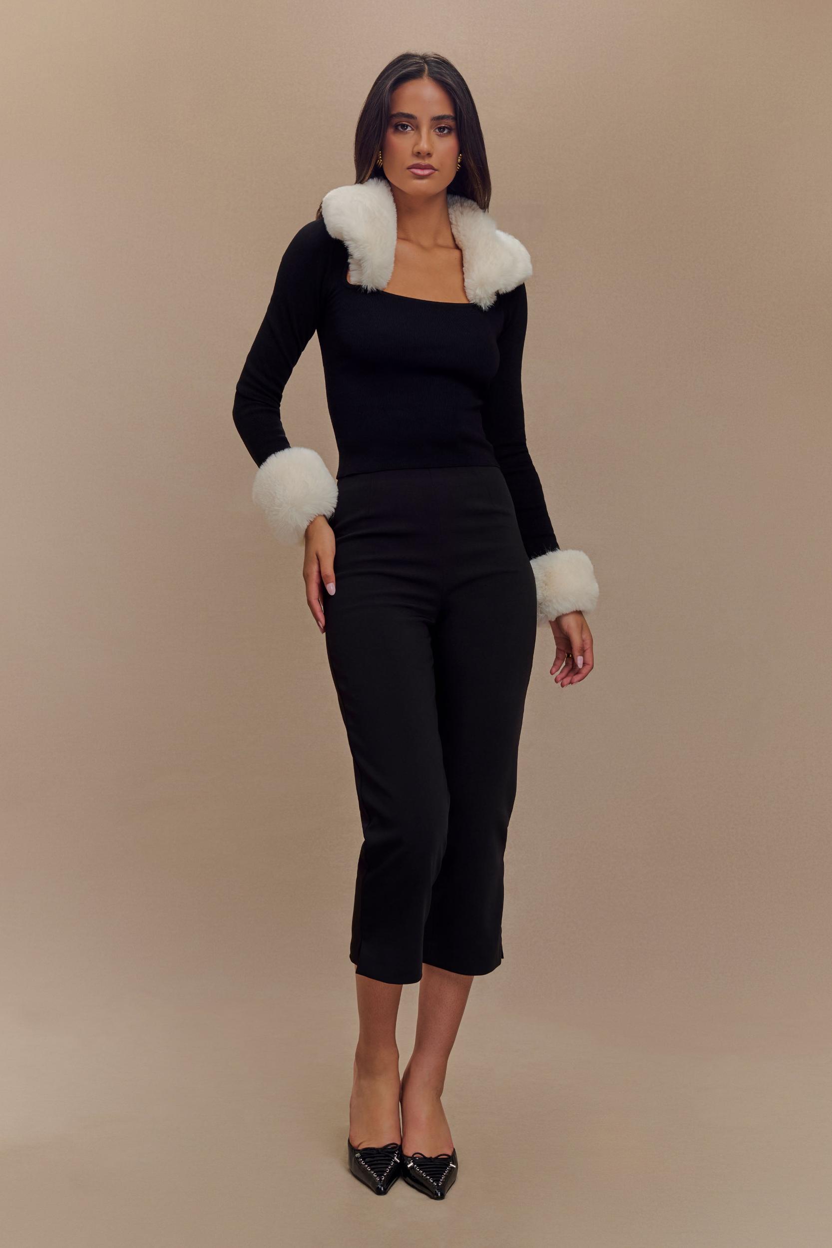 Cressida Faux Fur Knit Long Sleeve Top - Black/White Product Image