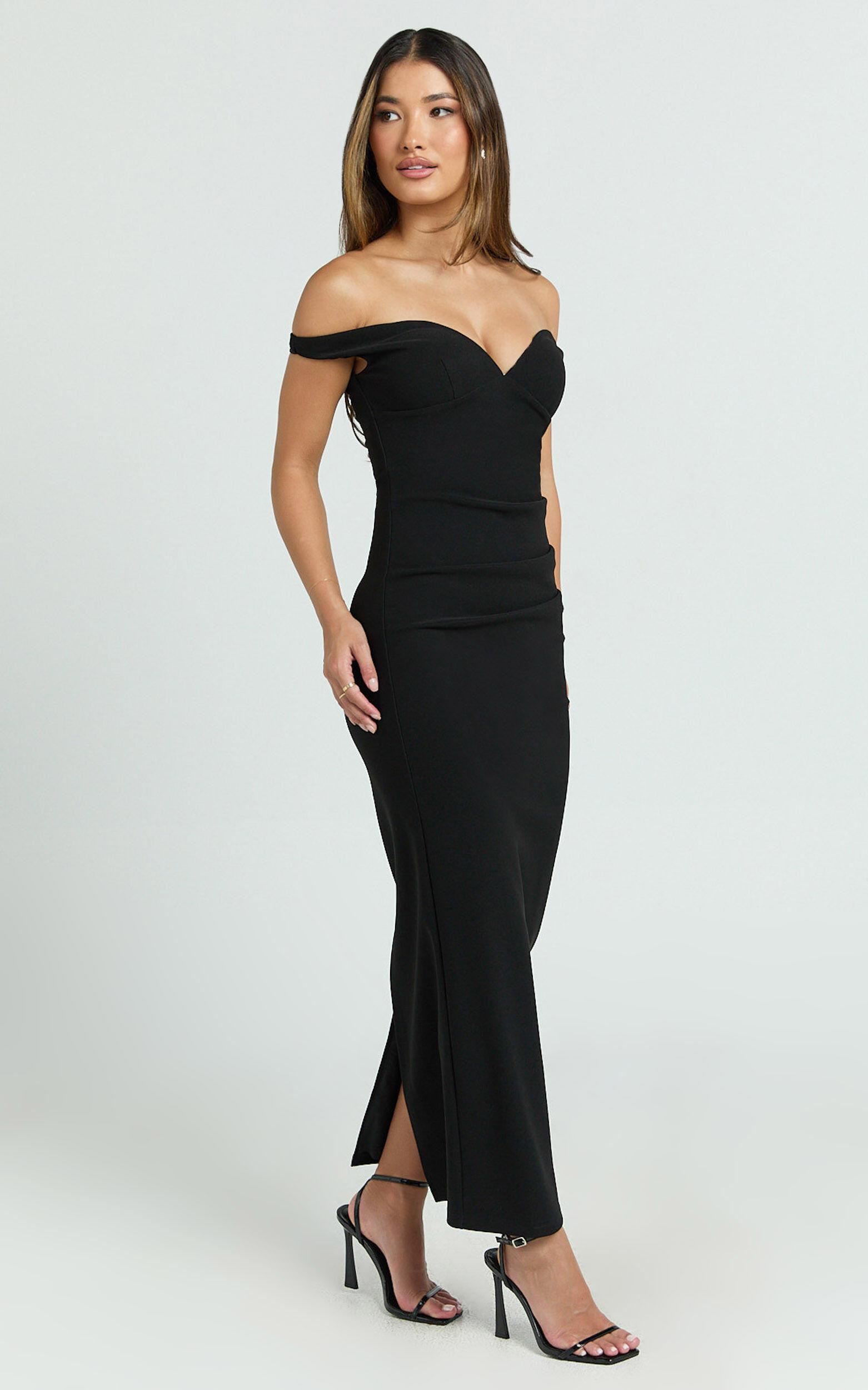 Vinnie Midi Dress - Off Shoulder Bustier Side Tuck Fitted Dress in Black Product Image