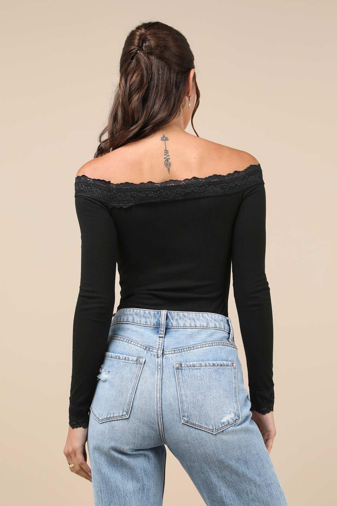 Skilled Poise Black Ribbed Off-the-Shoulder Lace Bodysuit Product Image