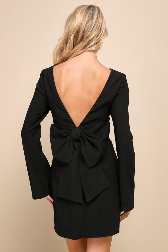 Elegant Cutie Black Bow Long Sleeve Backless Mini Dress Product Image