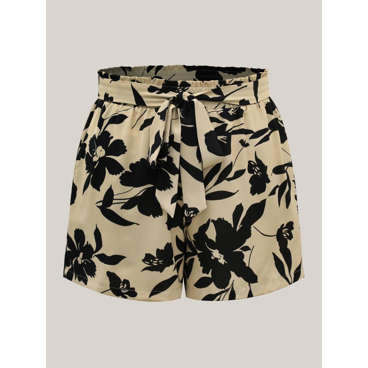 Plus Size Large Flower Print Belted Straight-Leg Shorts Women LightBrown Elegant Tie knot Straight Leg Everyday-Elegant Shorts BloomChic 28/5X Product Image