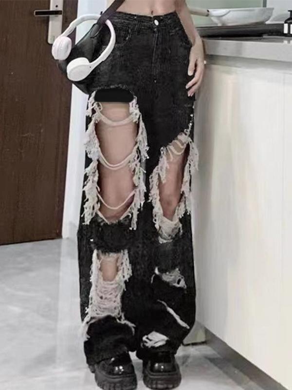 Raw Fringed Loose Ripped High-Rise Ripped Jeans Product Image