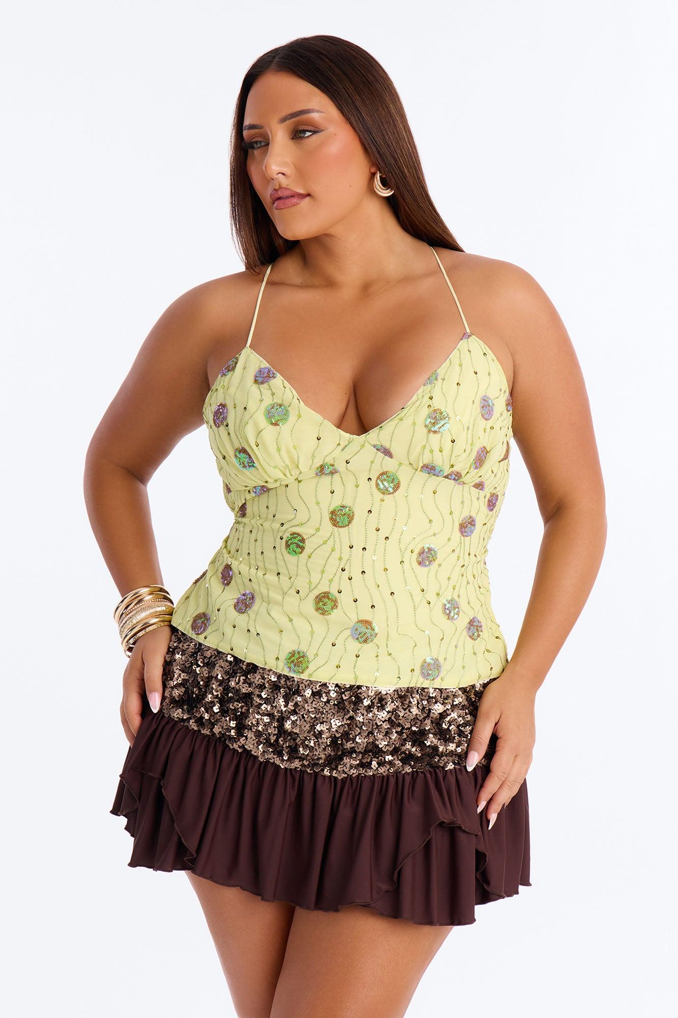 Desert Days Sequin Strappy Back Chiffon Top - Chartreuse Female Product Image