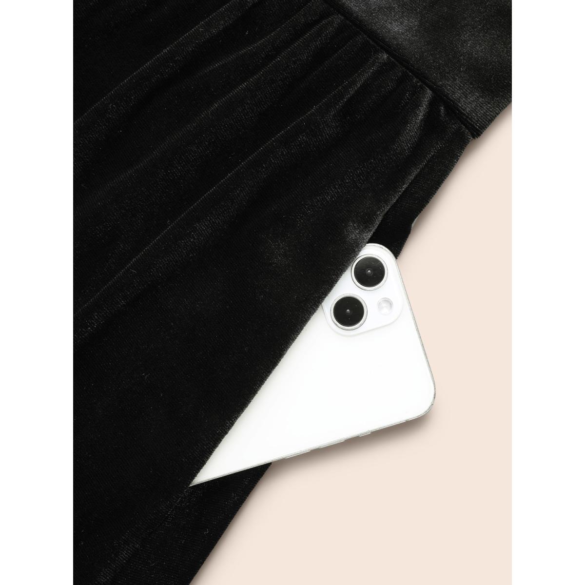 Plus Size Velvet Overlap Collar Shirred Gathered Dress Black Women Elegant Texture Overlap Collar Long Sleeve Curvy BloomChic 10/M Product Image