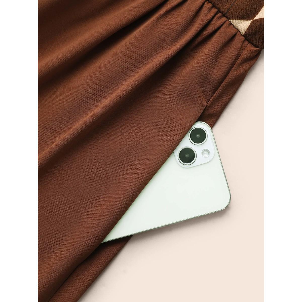 Plus Size Geometric Crew Neck Button Detail Dress Browncoffeecolor Women Elegant Patchwork Round Neck Long Sleeve Curvy BloomChic 12/L Product Image