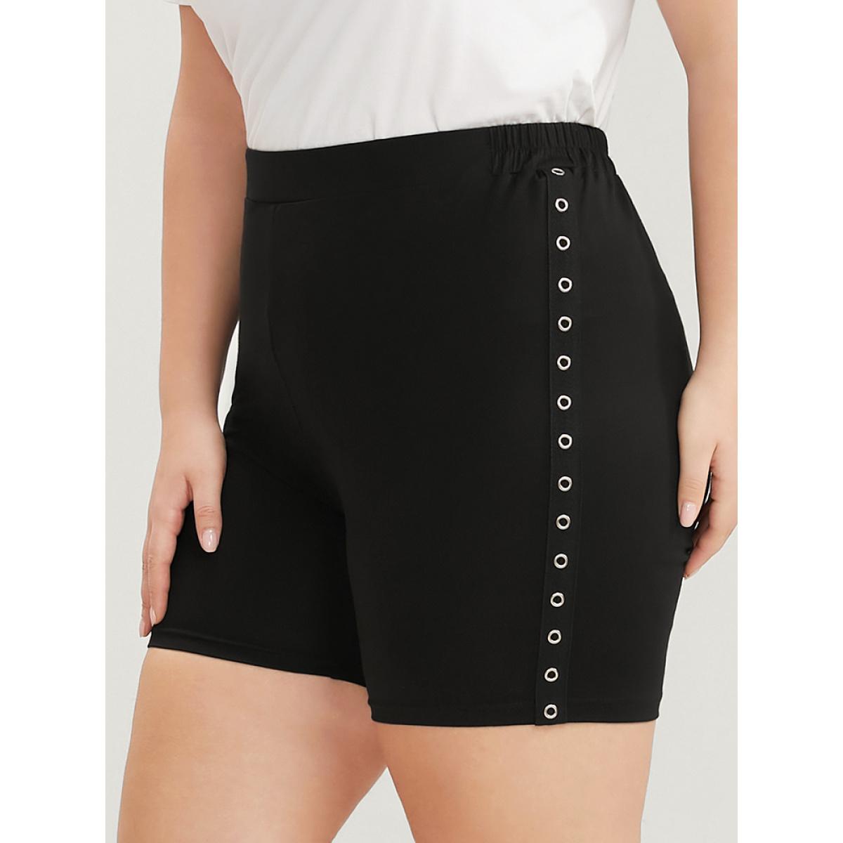 Plus Size Plain Studded Detail Elastic Waist Shorts Women Black Casual Low stretch Skinny High Rise Dailywear Leggings BloomChic 10/M Product Image