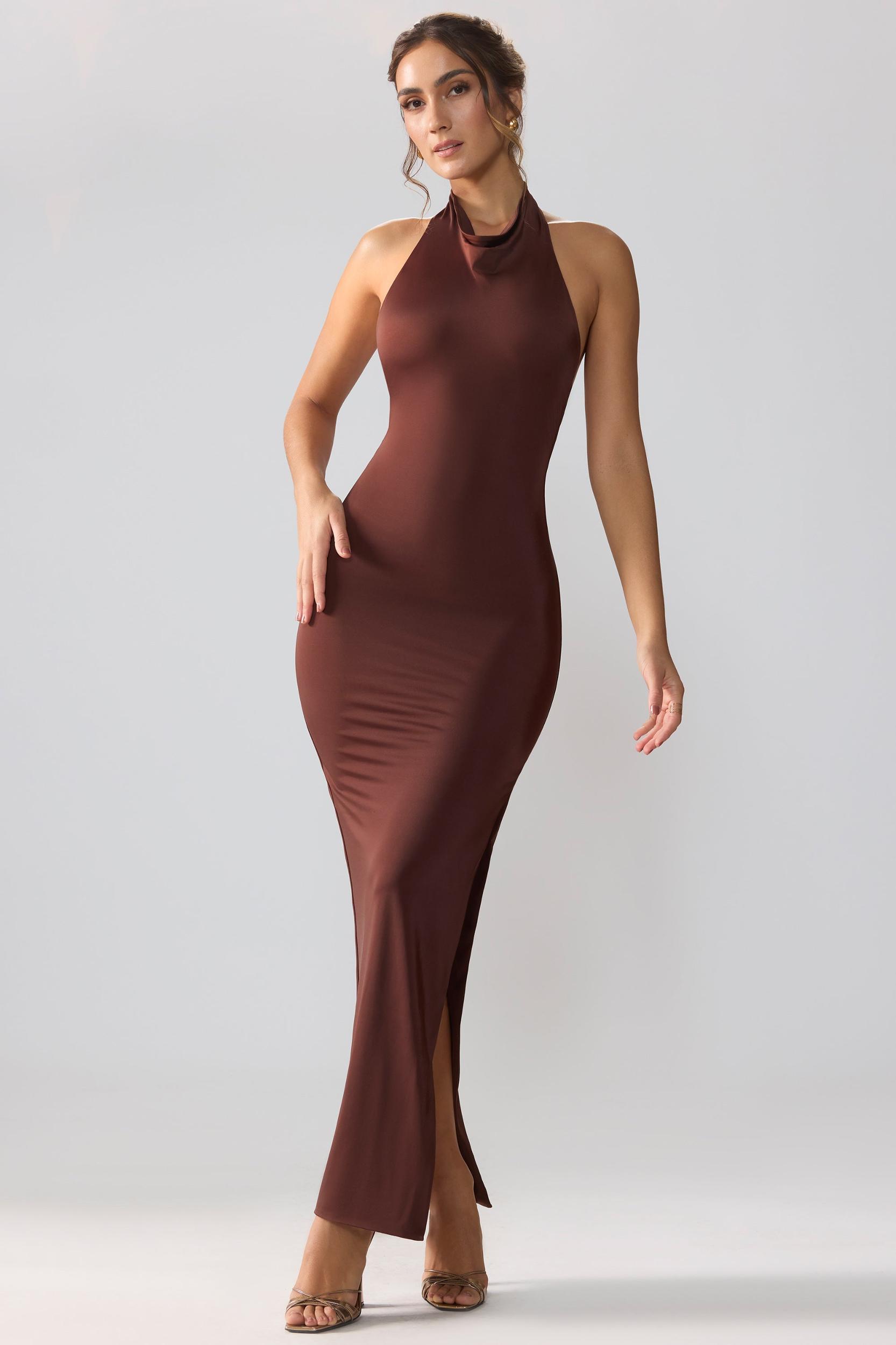 Premium Jersey Cowl Neck Backless Maxi Dress in Espresso Product Image