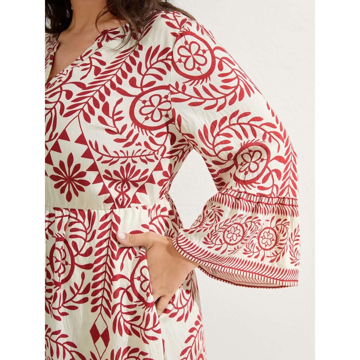 Plus Size Ornate Print Color Contrast Midi Dress Raspberry Women Tie knot Flat collar with V-notch Elbow-length sleeve Curvy BloomChic 30/6X Product Image