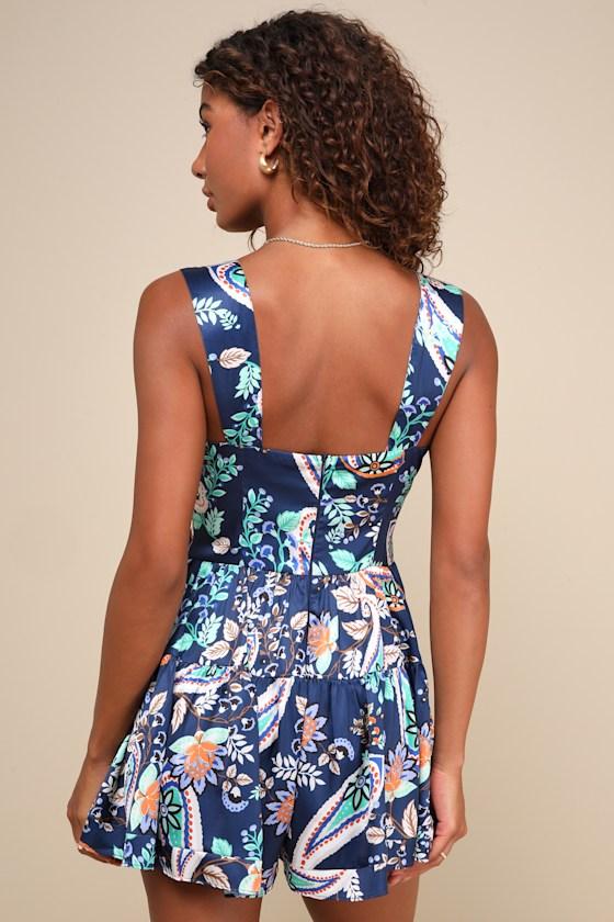 Positively Adorable Navy Scarf Print Satin Tiered Bustier Romper Product Image