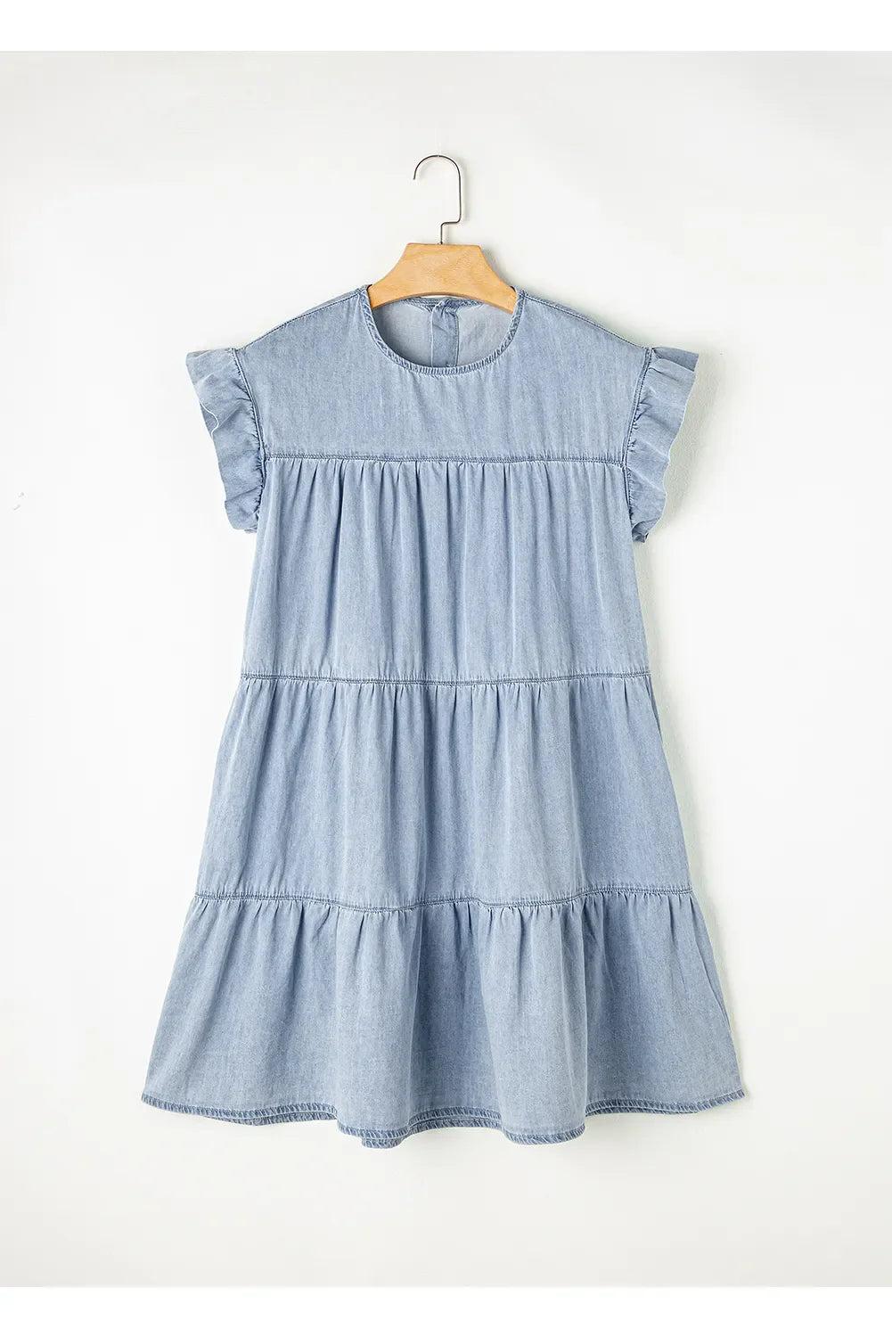 Hadley Ruffle Cap Sleeve Tiered A-line Denim Dress Product Image