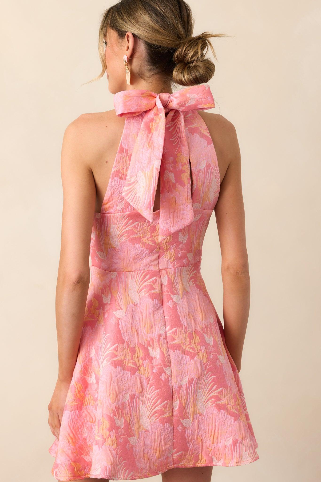 Always Ready Pink Coral Floral Print Jacquard Halter Mini Dress Product Image