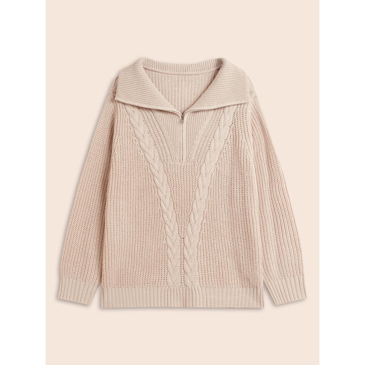 Plus Size Lapel Collar Half Zip Cable Knit Pullover Apricot Women Casual Long Sleeve Lapel Collar Everyday Pullovers BloomChic 26/4X Product Image