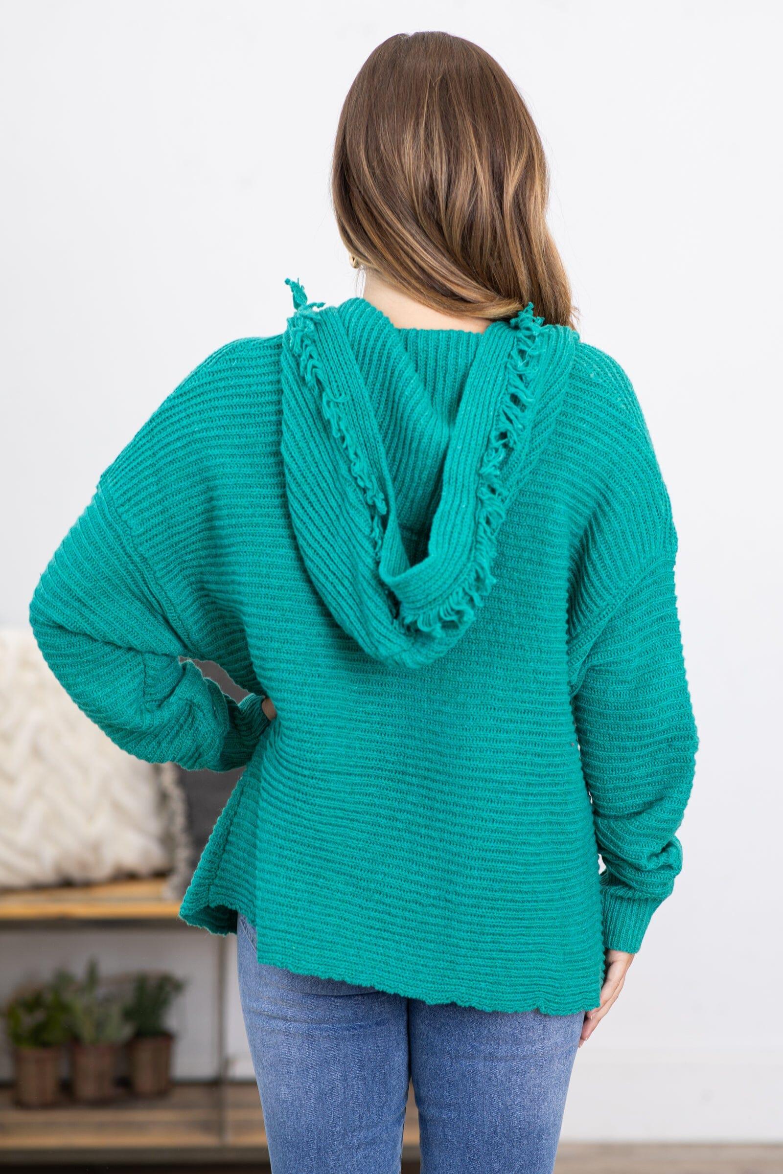 Dark Mint Hooded Sweater With Fringe Product Image