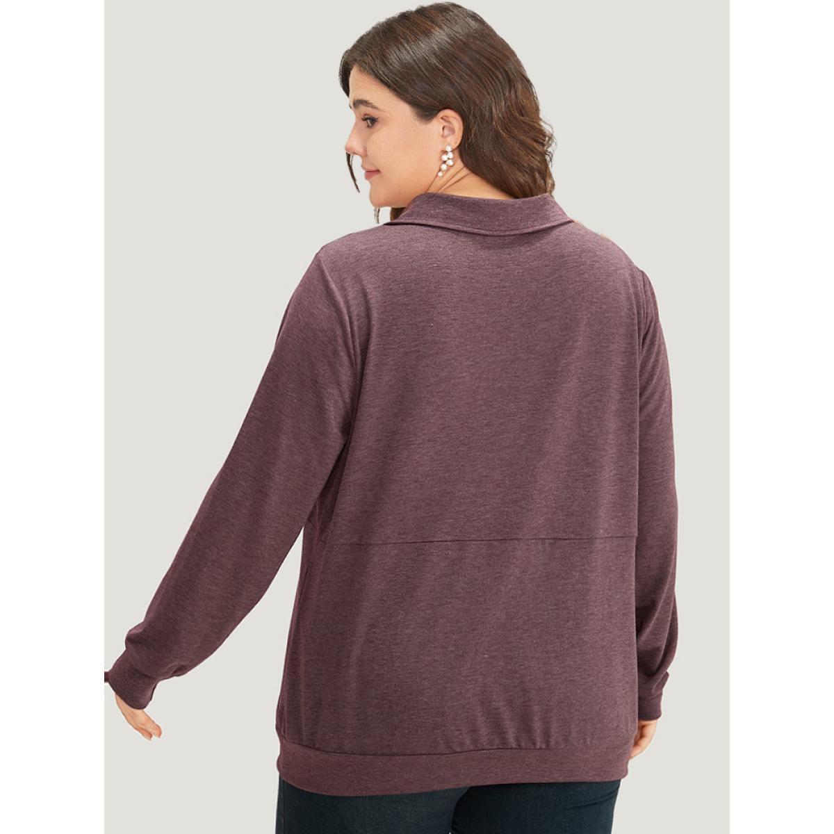Plus Size Plain O Ring Half Zip Sweatshirt Women Eggplant Casual Plain Lapel Collar Dailywear Sweatshirts BloomChic 10/M Product Image