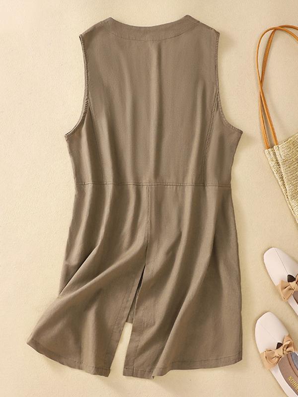 Loose Sleeveless Buttoned Solid Color V-Neck Vest Top Product Image
