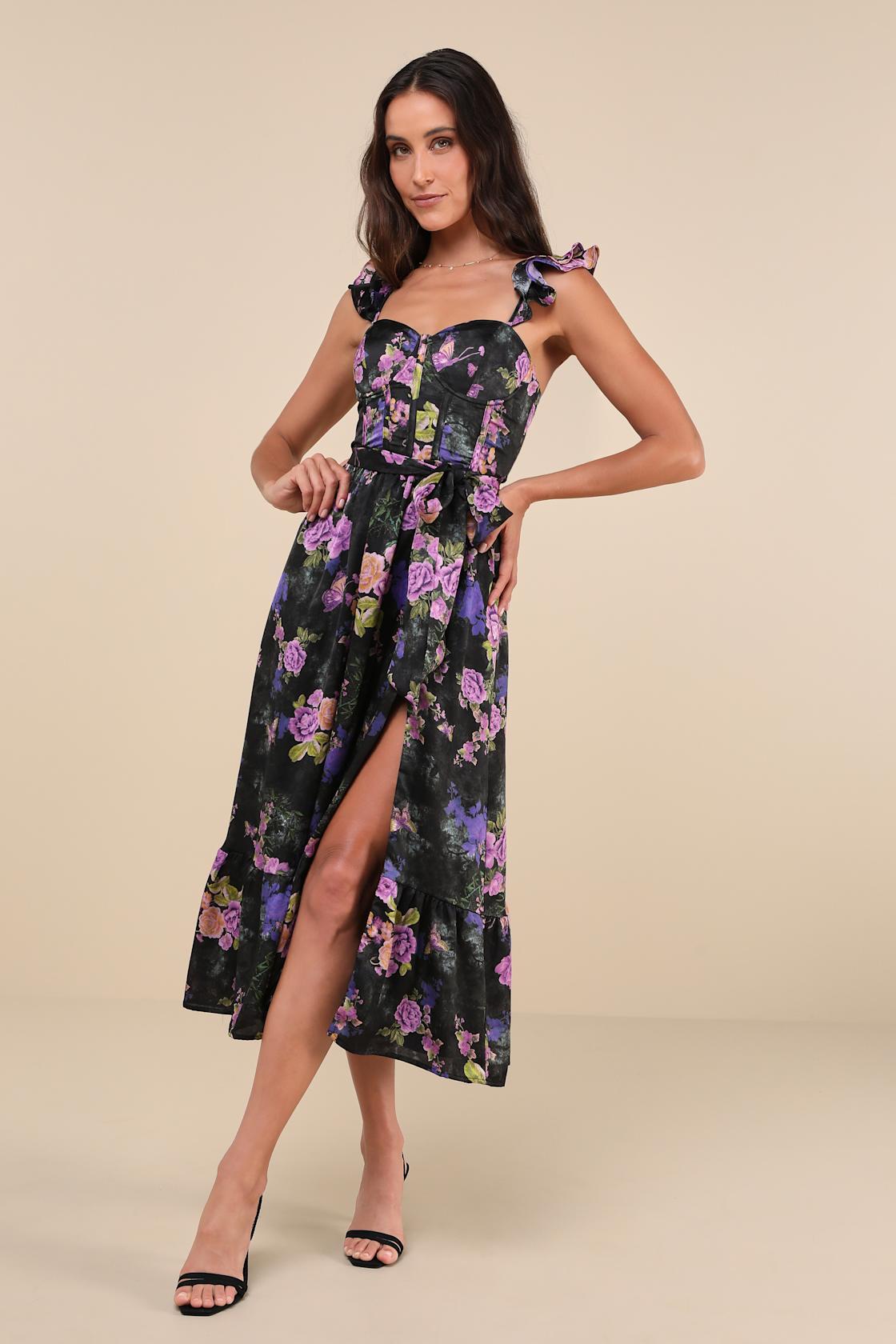 Sweet Like Sangria Black Floral Ruffled Bustier Midi Dress Product Image