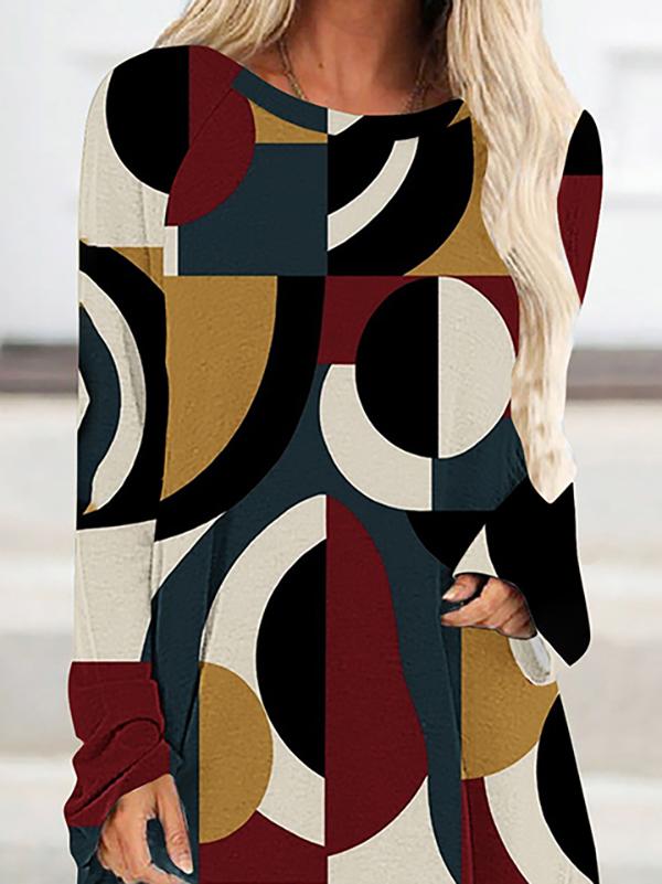 High-Low Long Sleeves Contrast Color Printed Round-Neck T-Shirts Tops Product Image