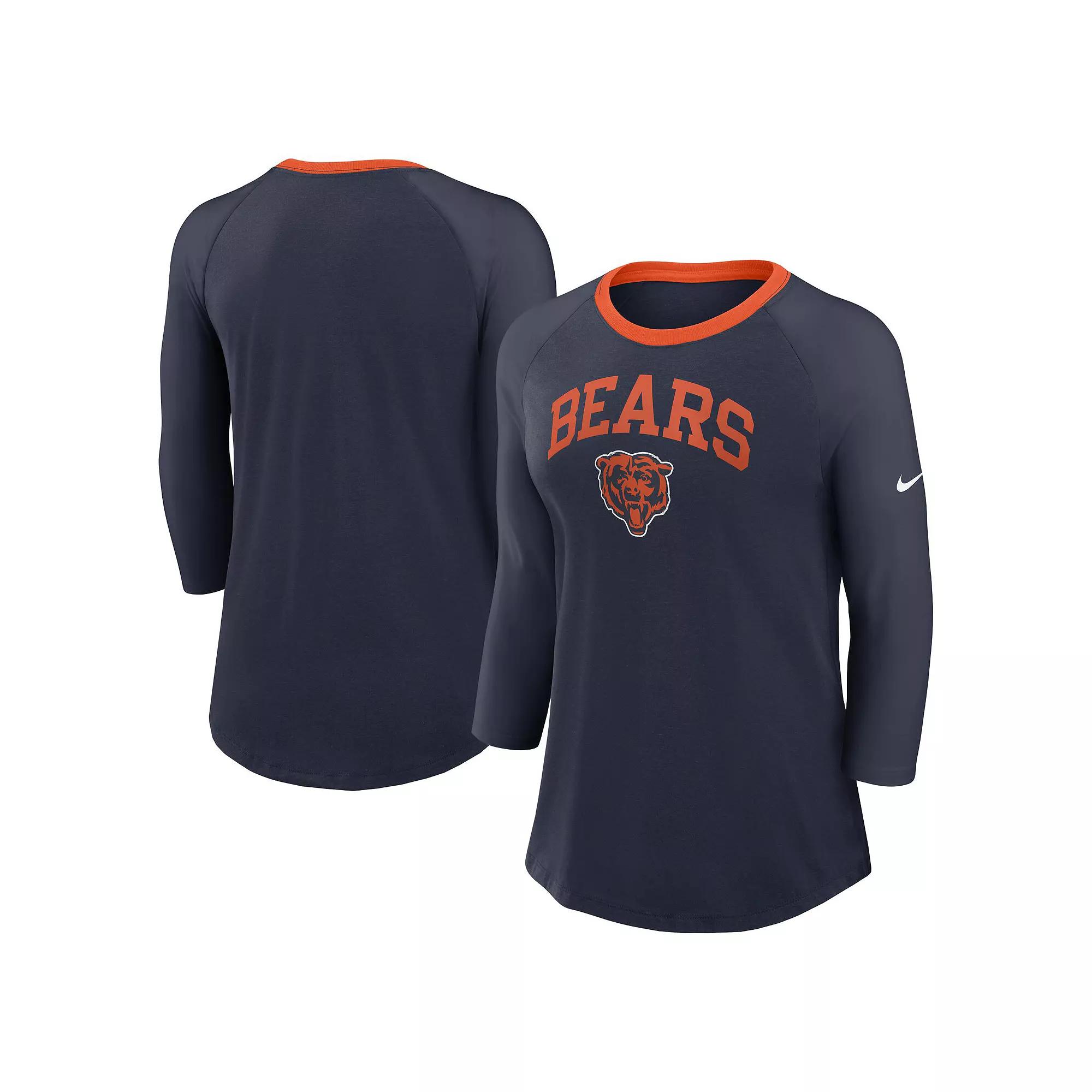Women's Nike Navy Chicago Bears Raglan 3/4 Sleeve T-Shirt,  Product Image