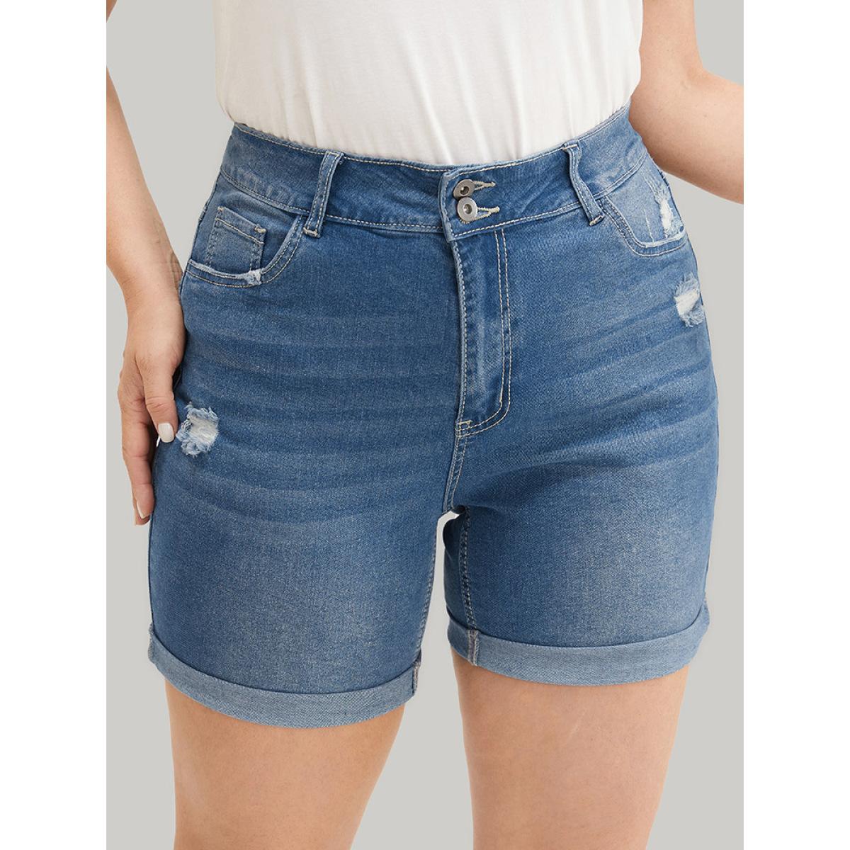 Plus Size Moderately Stretchy High Rise Roll Hem Single Breasted Jeans Women Blue Casual Plain Medium stretch Pocket Jeans BloomChic 10/M Product Image